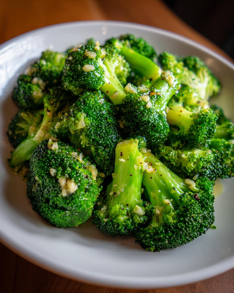 Close-up of bright green, perfectly steamed broccoli florets tossed with minced garlic and black pepper.