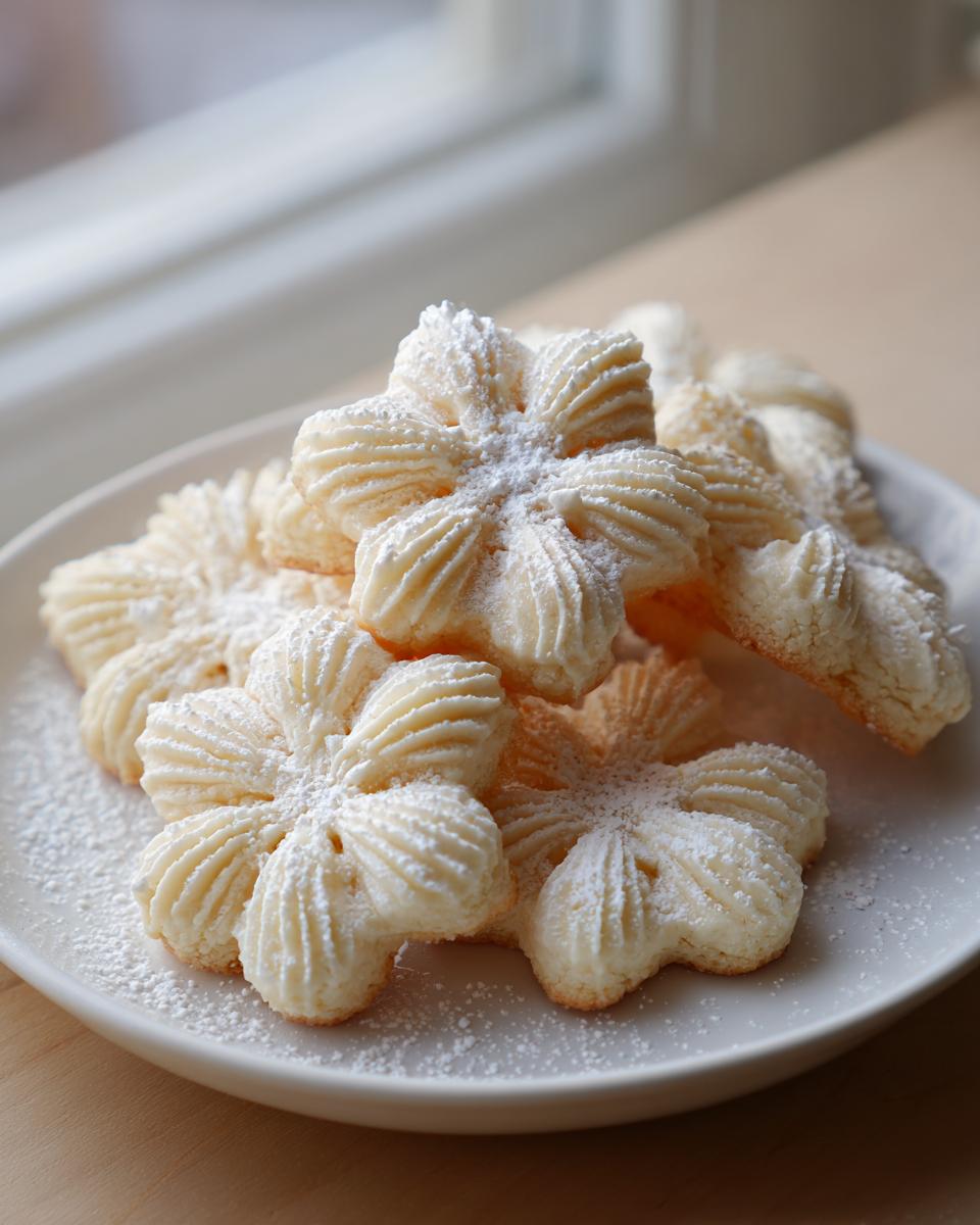 A pile of delicate, flower-shaped whipped shortbread cookies dusted with powdered sugar on a white plate.