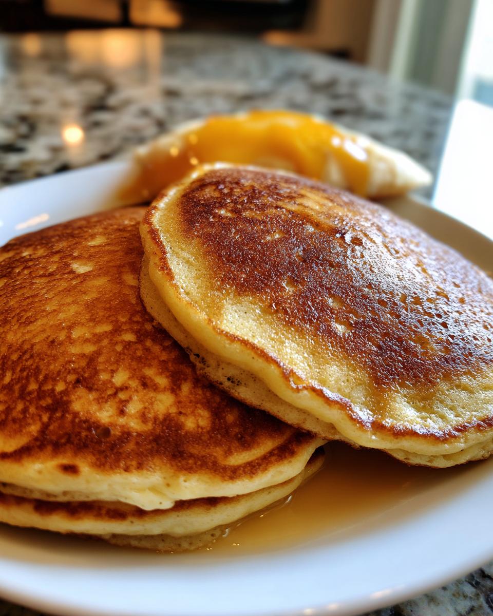 Close-up of a stack of fluffy almond flour pancakes drizzled with syrup on a white plate.