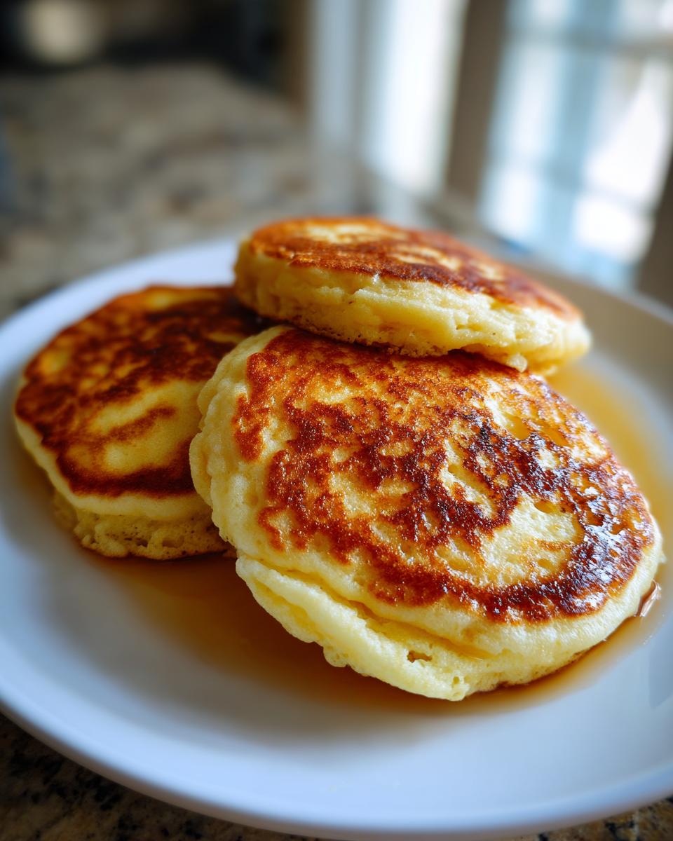 Close-up of three fluffy almond flour pancakes stacked on a white plate, drizzled with syrup.