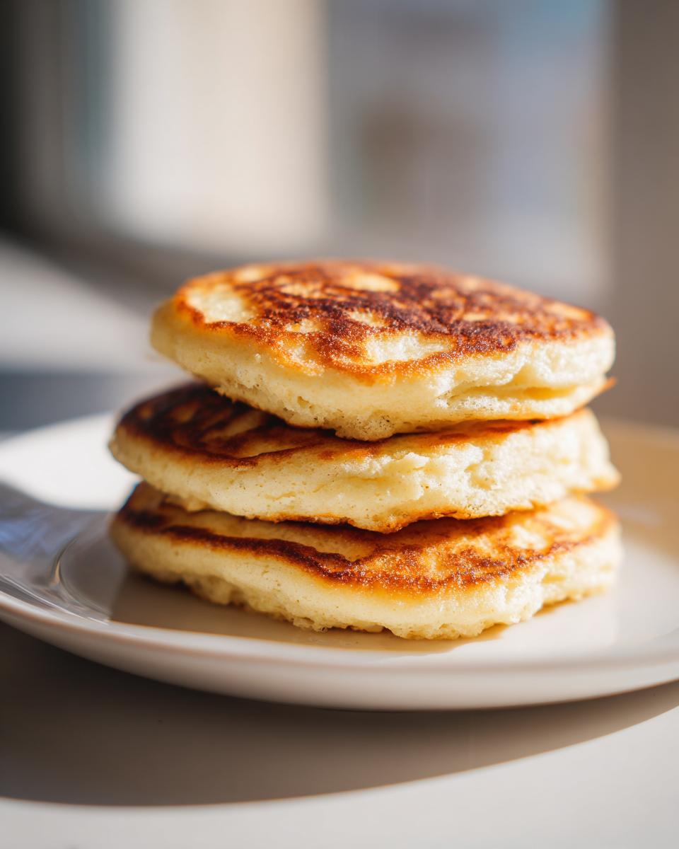 A stack of three golden-brown, fluffy almond flour pancakes sitting on a white plate.