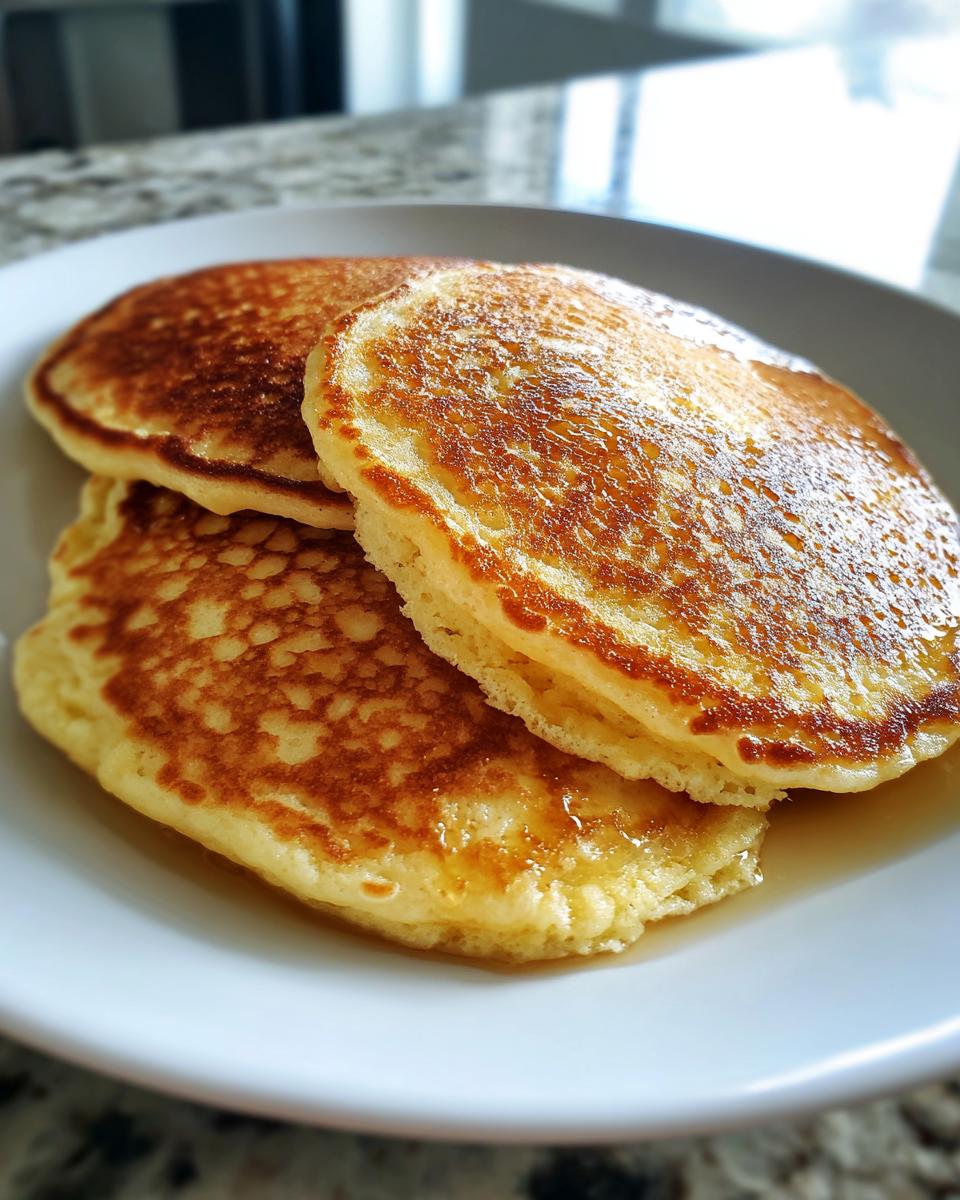 A close-up of three fluffy almond flour pancakes stacked on a white plate, glistening with syrup.
