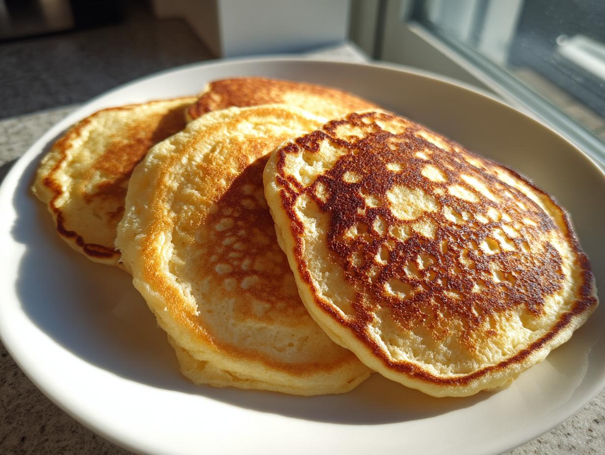 Close-up of three fluffy almond flour pancakes stacked on a white plate, perfectly golden brown.
