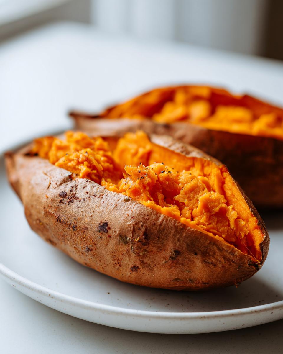 Close-up of a perfectly baked sweet potato, split open to show the fluffy orange interior seasoned with pepper.