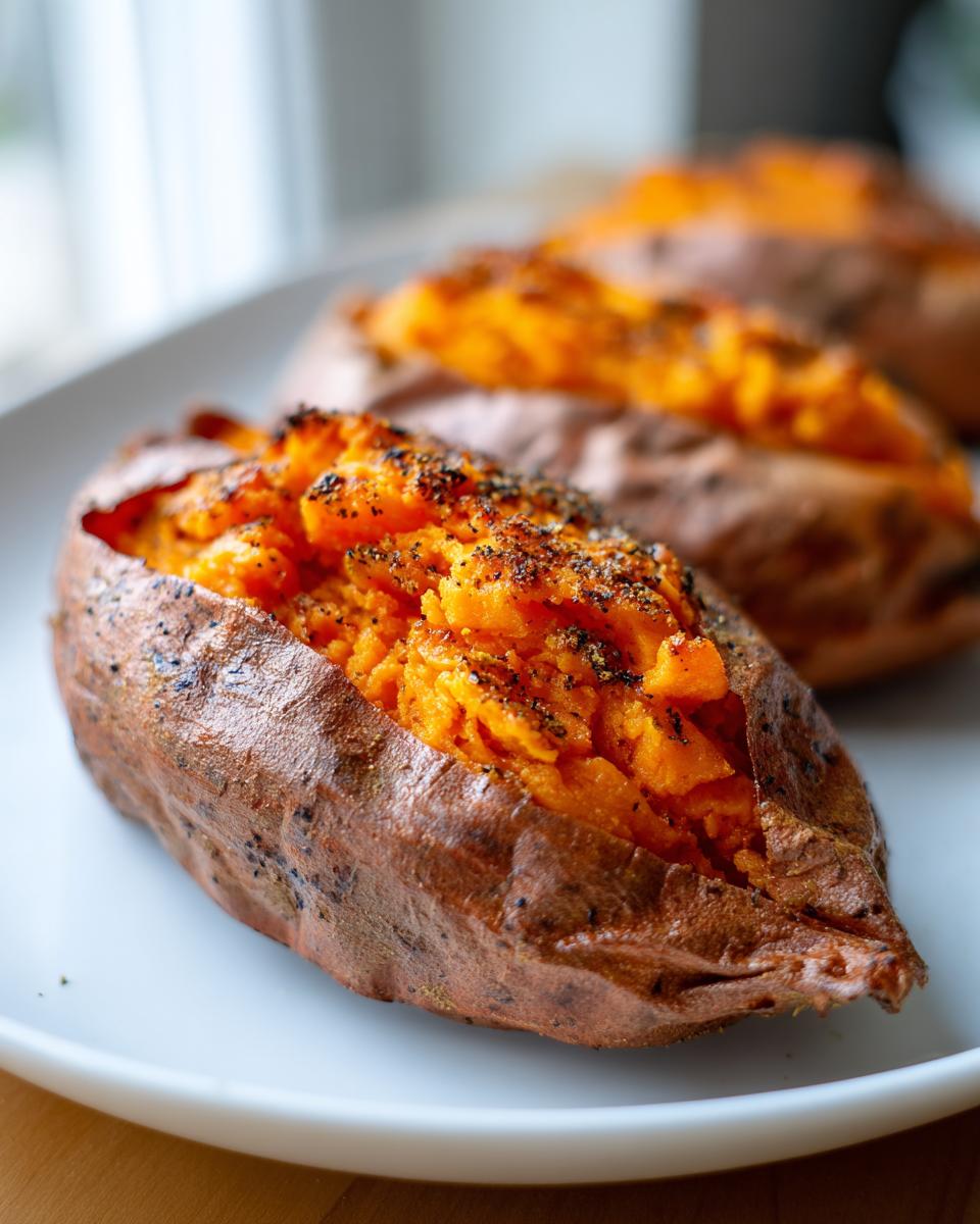 Close-up of a perfectly baked sweet potato, split open to show fluffy orange flesh seasoned with pepper.