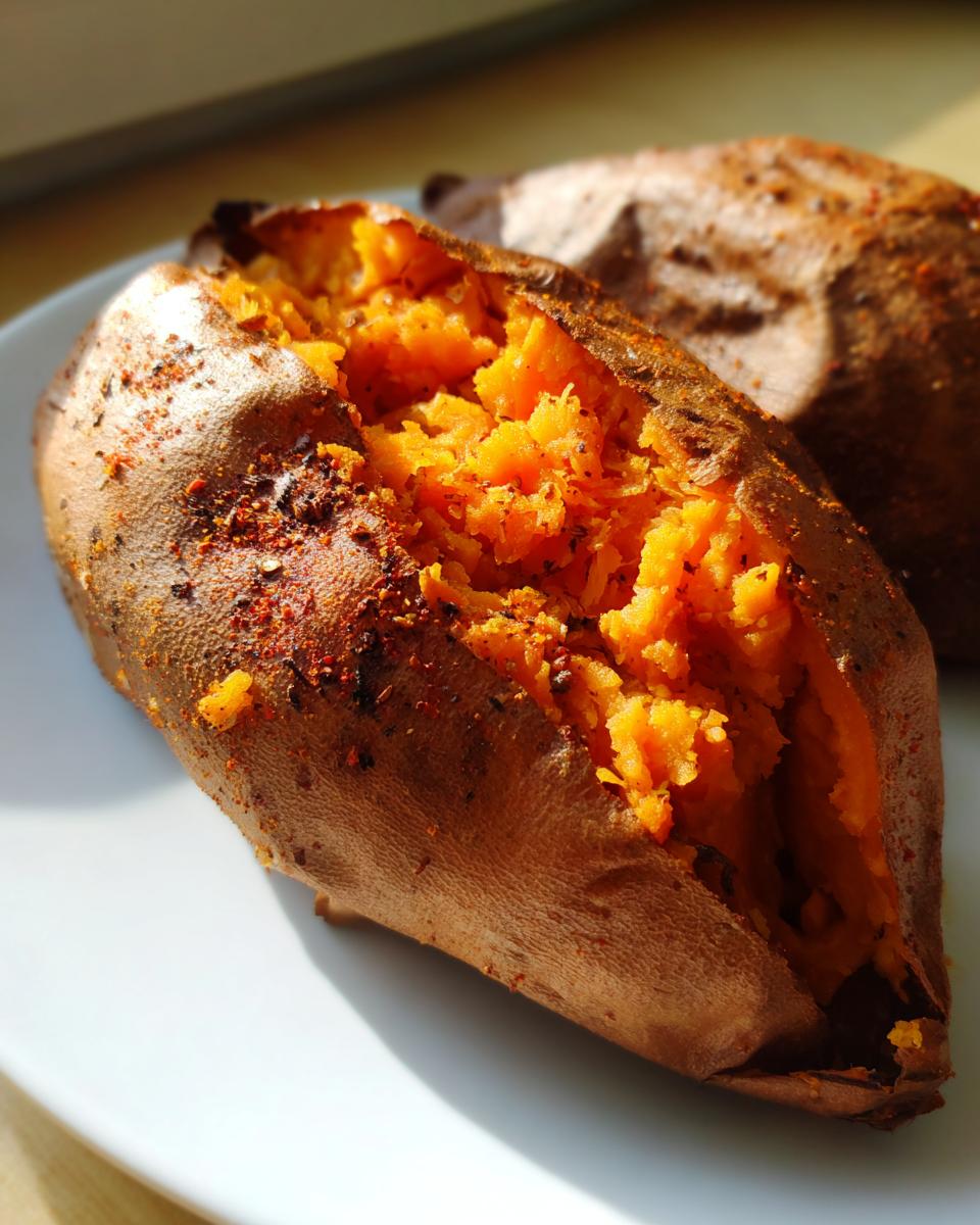 Close-up of a fluffy baked sweet potato split open, seasoned with spices, resting on a white plate.