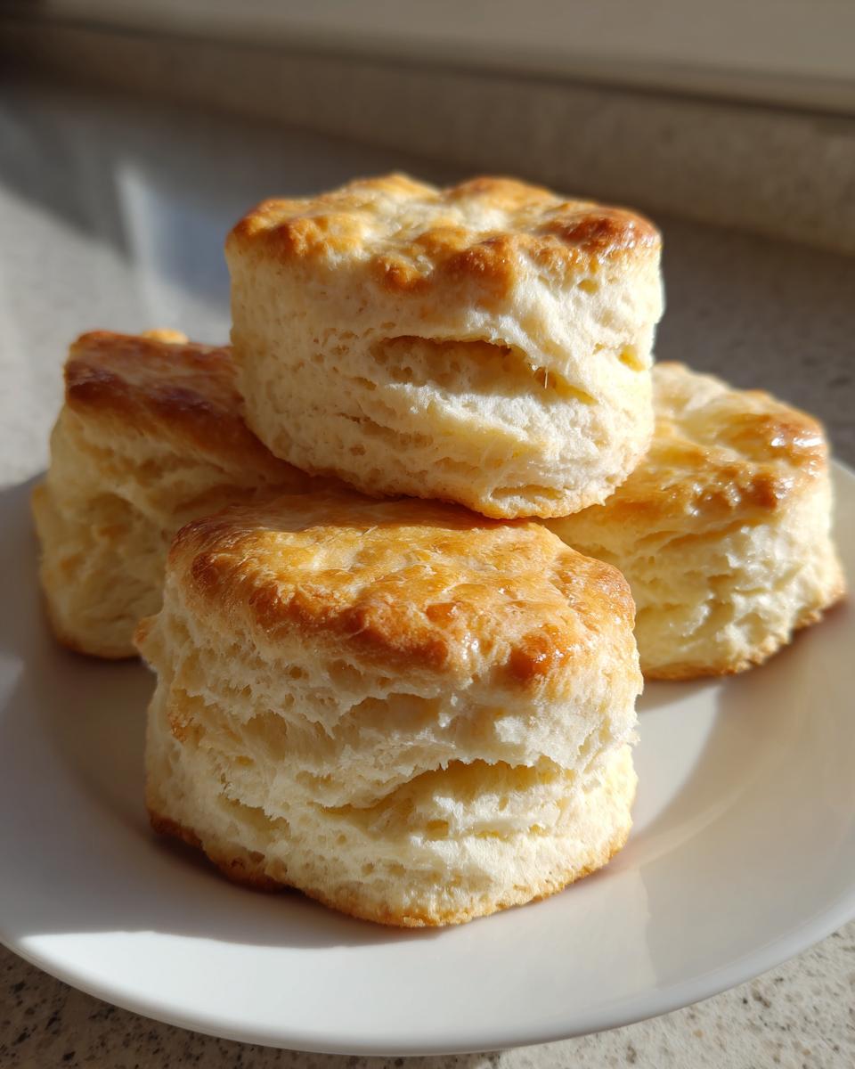 Four golden brown, flaky buttermilk biscuits stacked on a white plate, catching the sunlight.
