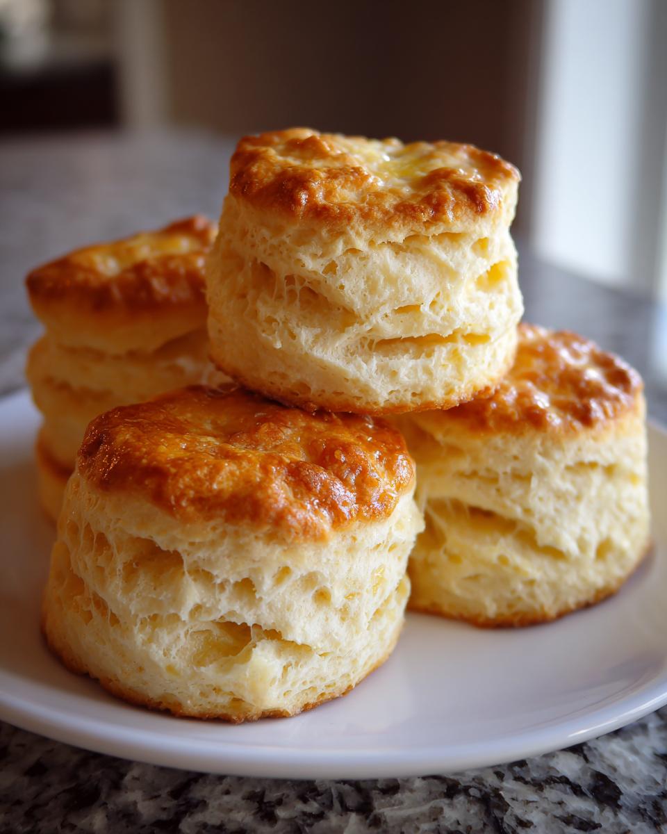 A stack of four tall, fluffy buttermilk biscuits with golden brown tops resting on a white plate.