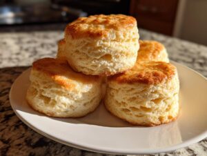 A stack of four tall, flaky buttermilk biscuits with golden brown tops sitting on a white plate.