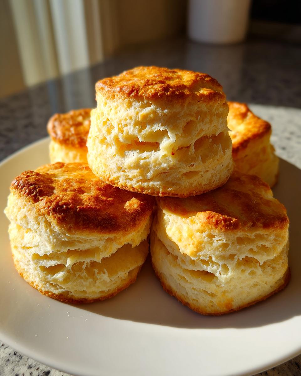 A close-up stack of four golden-brown, flaky buttermilk biscuits sitting on a white plate.