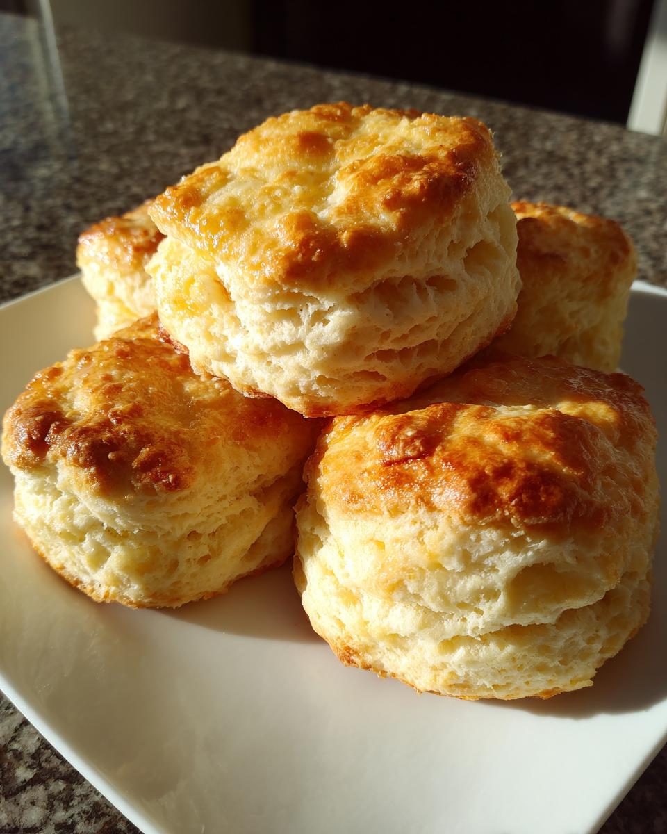 A stack of freshly baked, golden-brown buttermilk biscuits with visible flaky layers, sitting on a white plate.