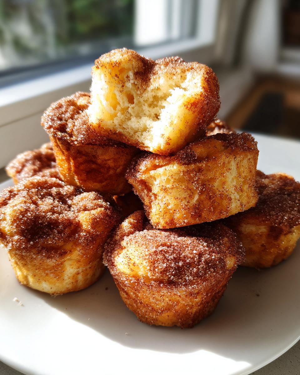 A stack of fluffy french toast muffins coated in cinnamon sugar, with one broken open to show the soft interior.