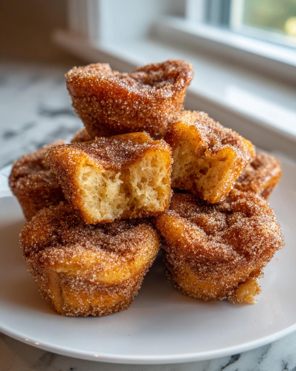 A stack of fluffy french toast muffins coated in cinnamon sugar, with one broken open to show the soft interior.