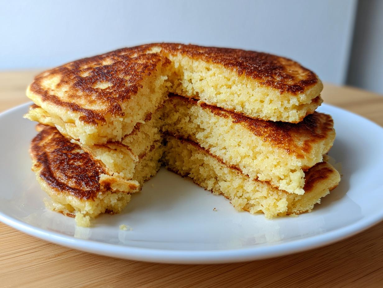 Close-up of a stack of fluffy coconut flour pancakes cut in half, showing the light, airy interior texture.
