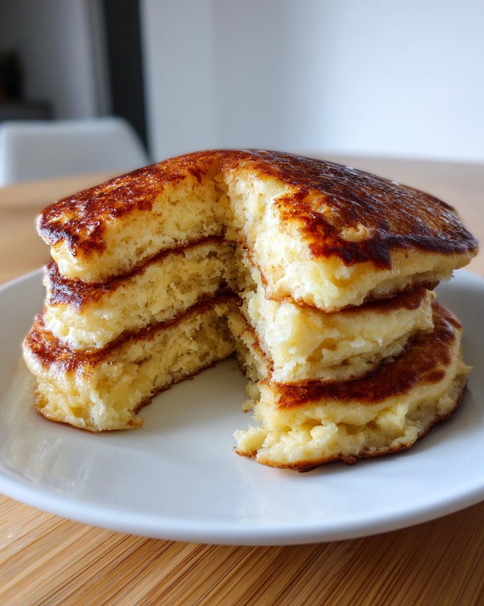 Close-up of a stack of fluffy coconut flour pancakes, showing the airy interior texture after a piece has been removed.