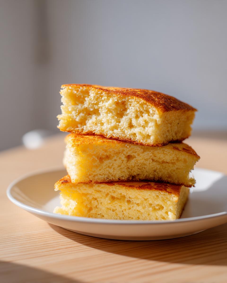 Three thick, fluffy squares of golden coconut flour pancakes stacked on a white plate.