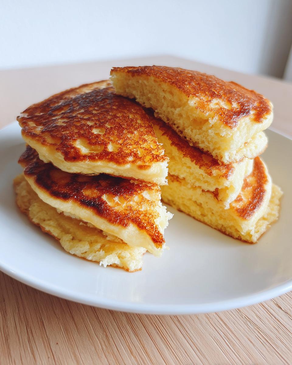 A stack of fluffy coconut flour pancakes, with one cut to show the light, airy interior texture.