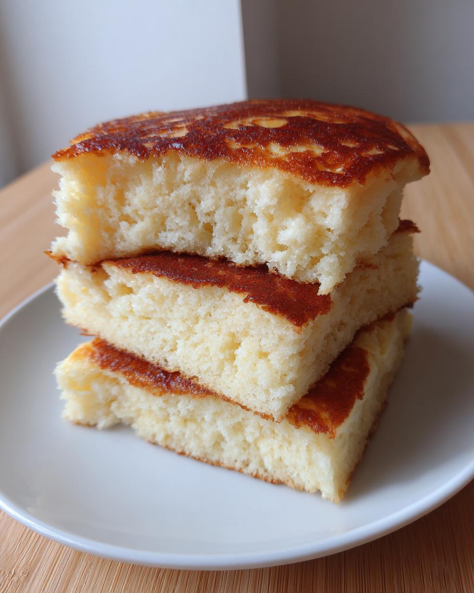 Close-up of three thick slices of fluffy coconut flour pancakes stacked on a white plate, showing the light interior texture.