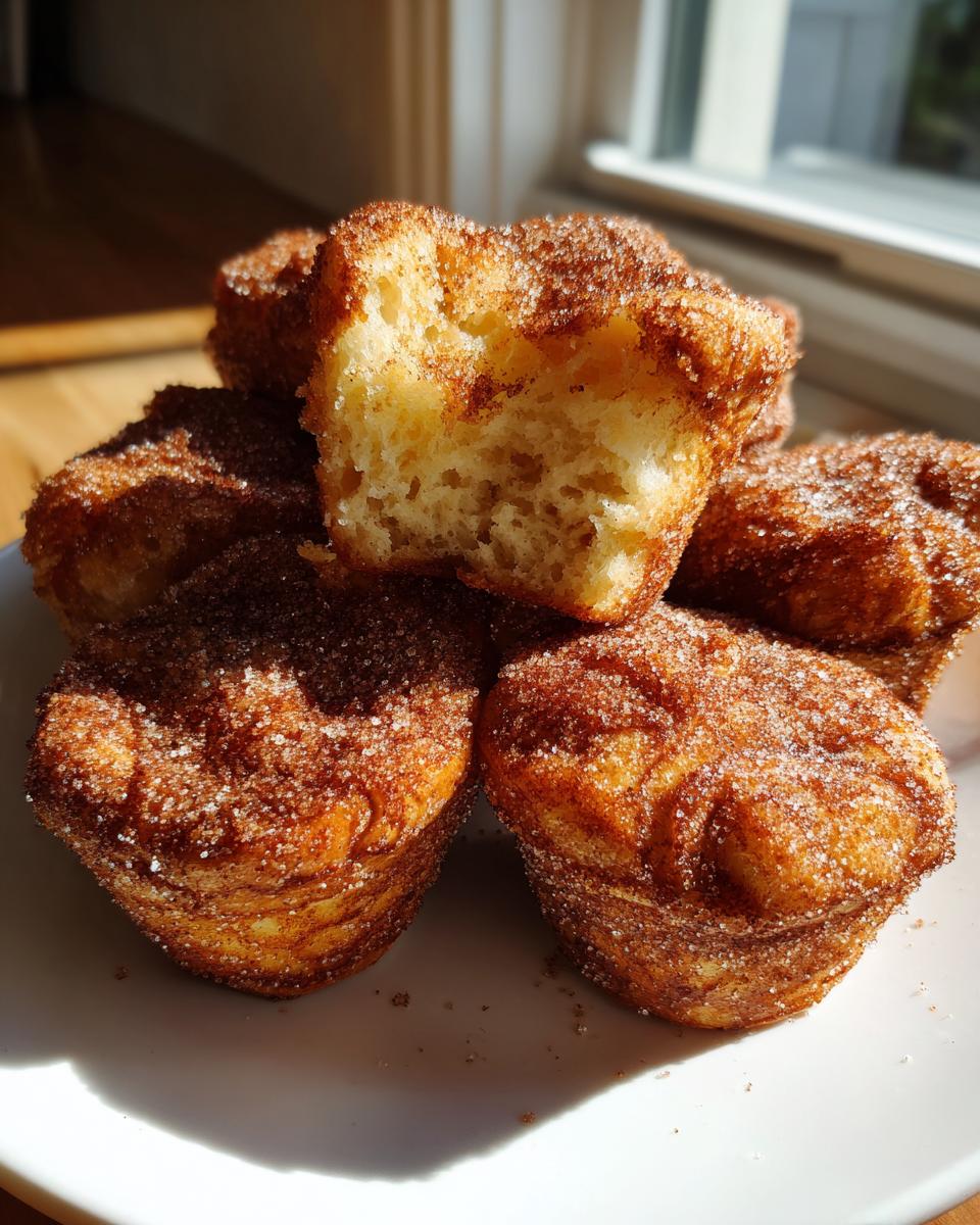 A stack of golden brown french toast muffins coated in cinnamon sugar, one broken open to show the fluffy interior.