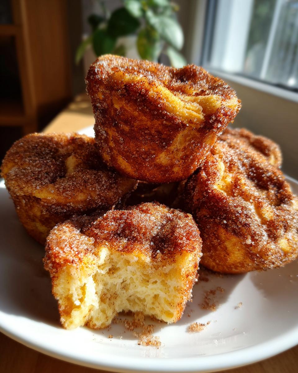 A stack of fluffy french toast muffins heavily coated in cinnamon sugar, with one muffin broken open to show the soft interior.