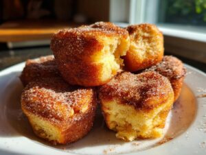 A stack of fluffy french toast muffins coated generously in cinnamon sugar, sitting on a white plate.