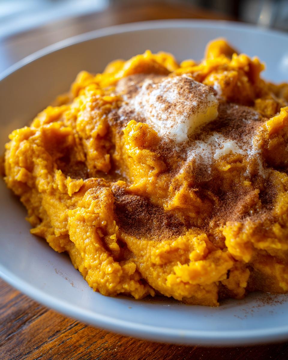 Close-up of creamy, bright orange mashed sweet potatoes topped with melting butter and a dusting of cinnamon.