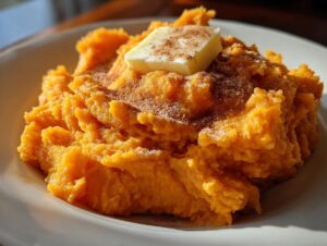 A close-up of creamy, bright orange mashed sweet potatoes topped with a pat of melting butter and a dusting of cinnamon.