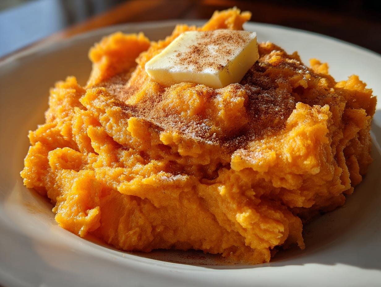 A close-up of creamy, bright orange mashed sweet potatoes topped with a pat of melting butter and a dusting of cinnamon.