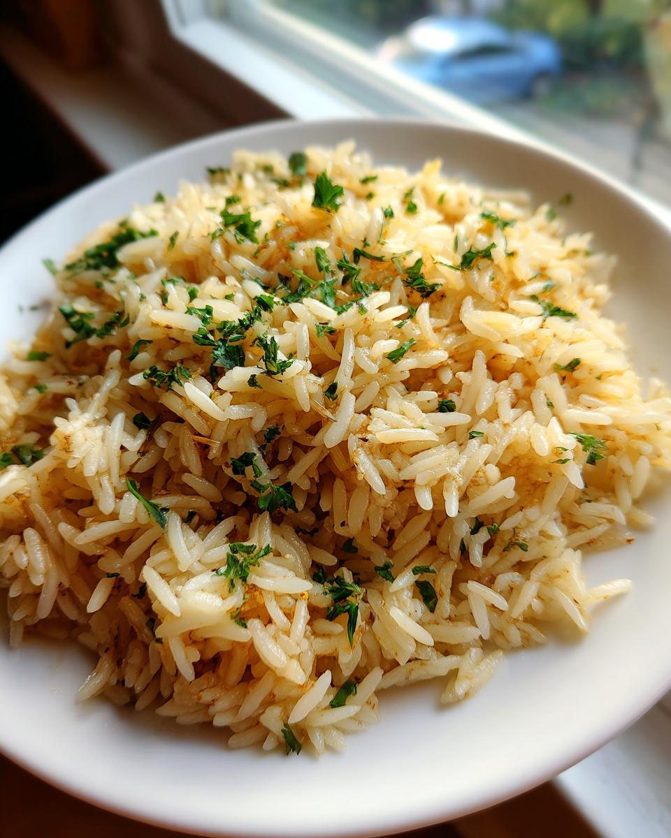 Close-up of fluffy, perfectly cooked rice pilaf garnished with chopped green parsley on a white plate.