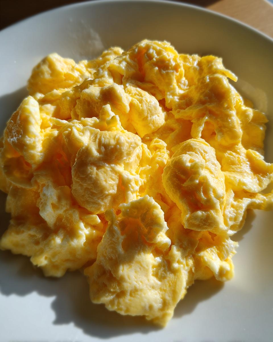 Close-up of perfectly cooked, fluffy scrambled eggs served in a white bowl or plate.
