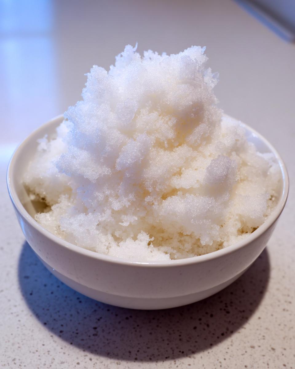 A close-up of fluffy, white snow ice cream piled high in a simple white bowl.