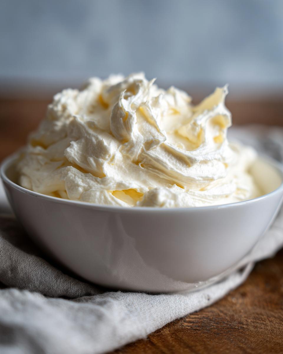 A close-up of fluffy, perfectly piped vanilla buttercream frosting piled high in a white bowl.
