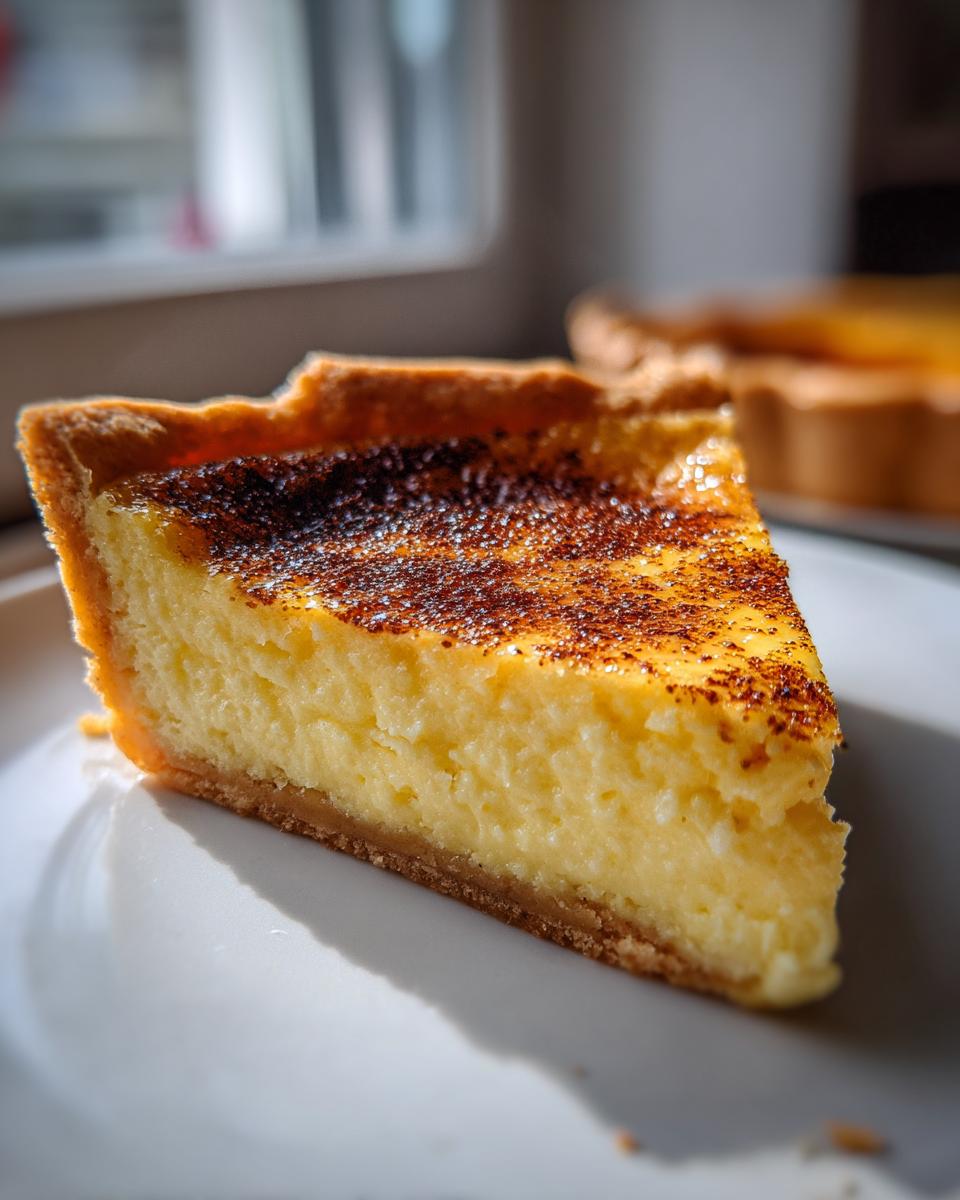A close-up slice of creamy custard pie with a golden, nutmeg-dusted top, sitting on a white plate.