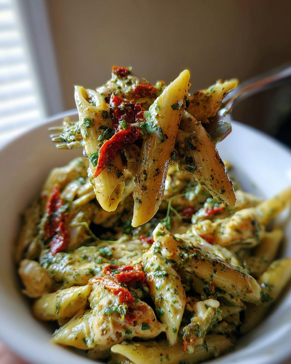 A fork lifting penne pasta coated in creamy green pesto sauce, chicken, and sun-dried tomatoes from a bowl of chicken pesto pasta.