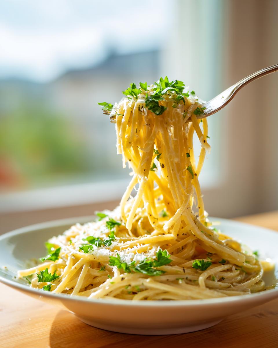 A fork lifting a twirl of creamy parmesan pasta topped with grated cheese and fresh parsley.