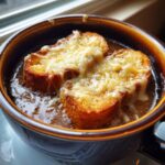 Close-up of a bowl of rich french onion soup recipe topped with melted Gruyère cheese over toasted bread.