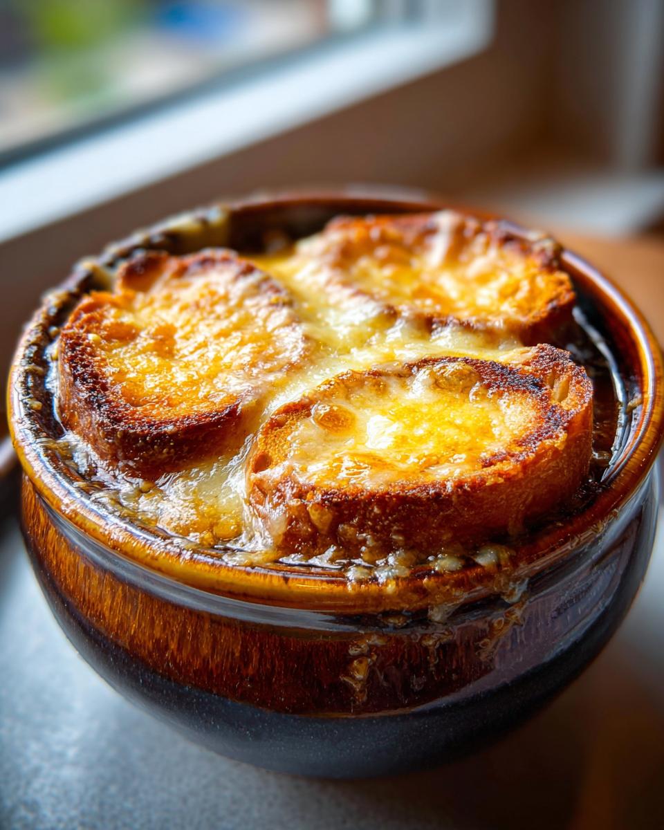 Close-up of a bubbling, cheesy topping over toasted bread in a bowl of french onion soup recipe.