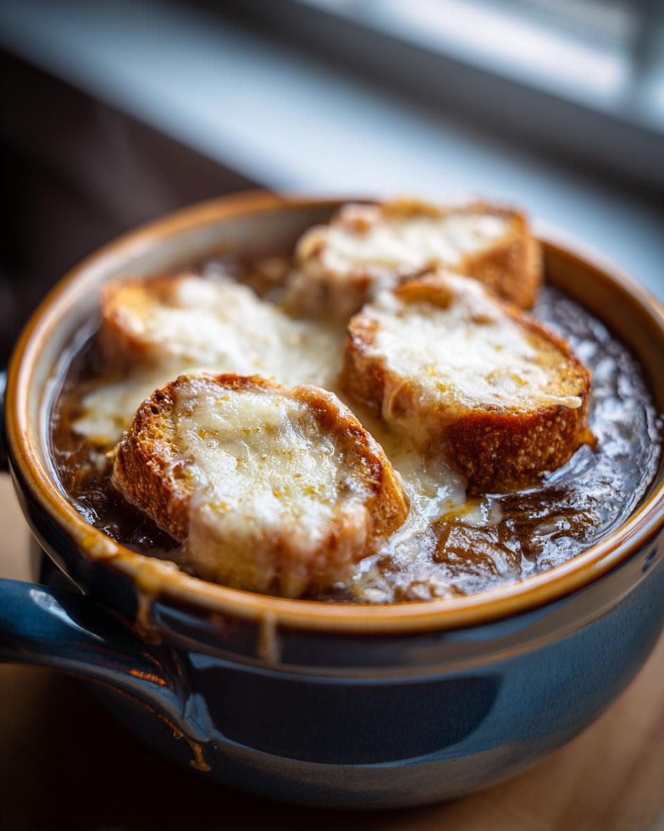 Close-up of a bowl of rich french onion soup recipe topped with melted Gruyère cheese on toasted bread.