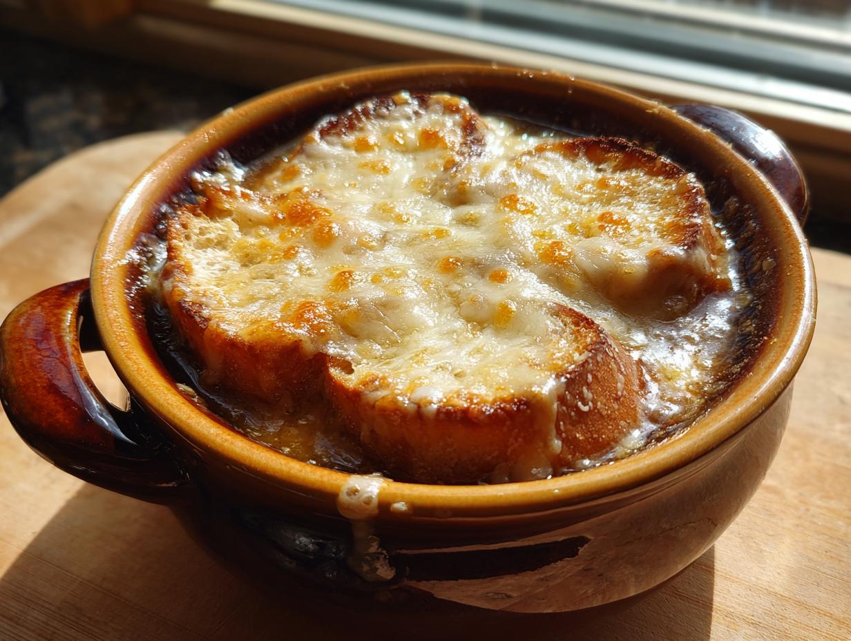 Close-up of a piping hot bowl of french onion soup recipe topped with toasted bread and melted, browned Gruyère cheese.