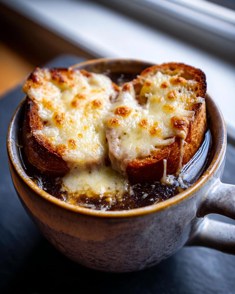 Close-up of a bowl of rich french onion soup recipe topped with toasted bread and bubbly, melted Gruyère cheese.
