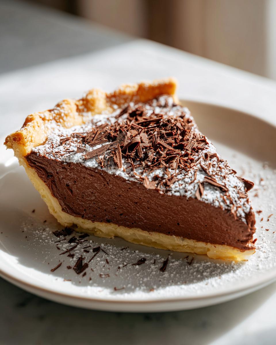 A perfect slice of rich, dark chocolate french silk pie topped with chocolate shavings and powdered sugar.