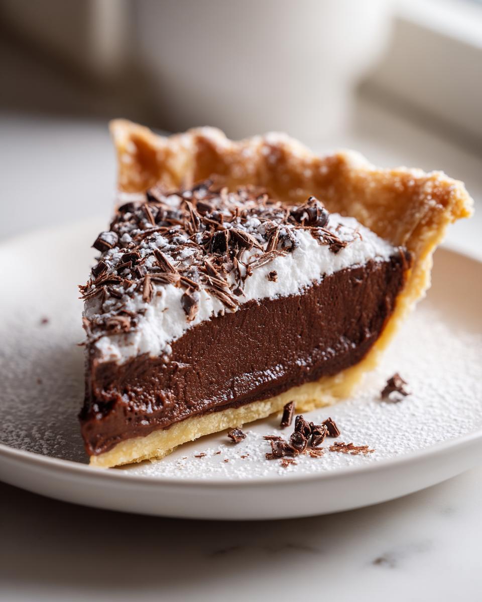 A decadent slice of french silk pie featuring a thick chocolate filling, whipped cream, and dark chocolate shavings.