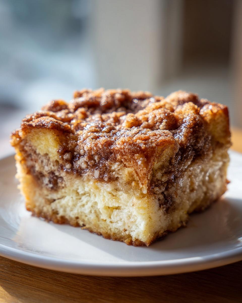 A close-up of a square serving of french toast casserole topped with a thick, sugary cinnamon streusel.