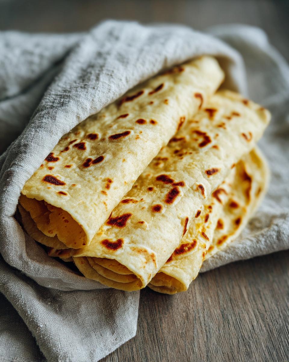 A stack of warm, freshly made corn tortillas, lightly charred, wrapped in a light gray linen cloth on a wooden surface.