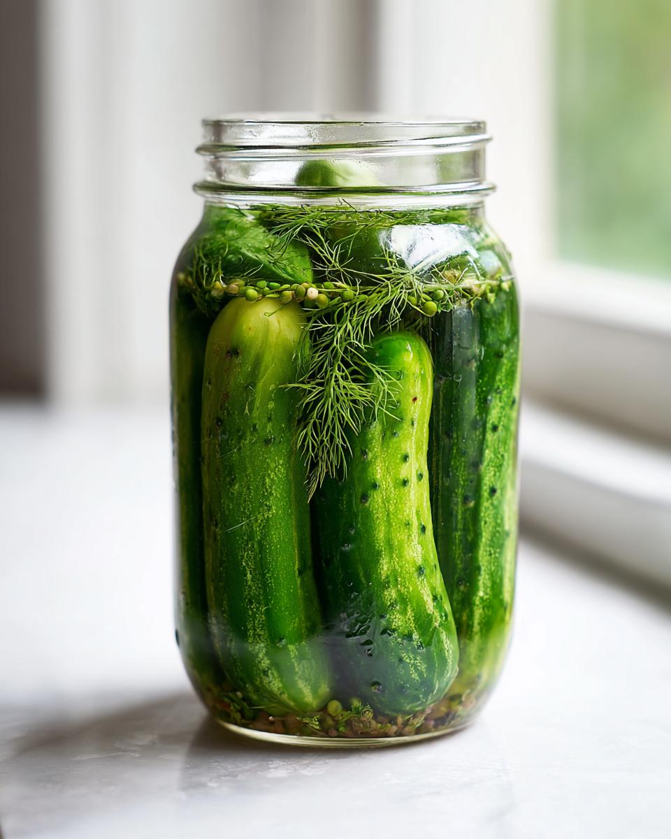 A glass jar filled with crisp cucumbers and fresh dill for making refrigerator pickles.
