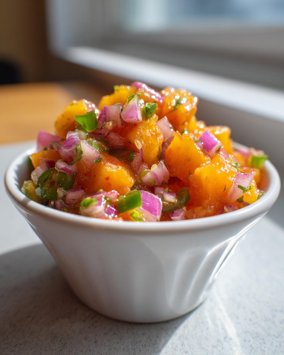 Close-up of vibrant peach salsa featuring diced peaches, red onion, and green jalapeño in a small white bowl.
