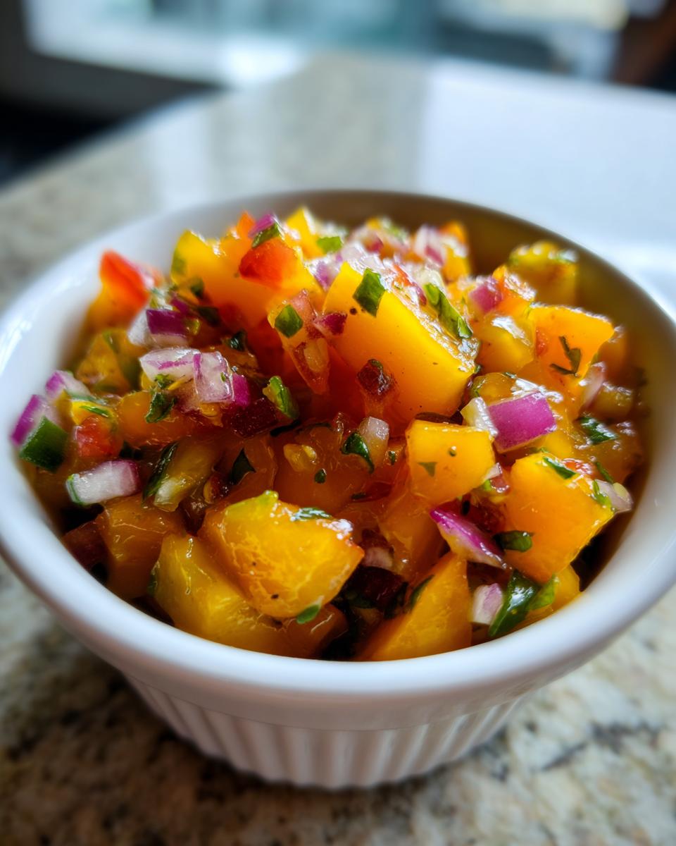 Close-up of vibrant, chunky peach salsa featuring diced yellow peaches, red onion, and green herbs in a small white bowl.
