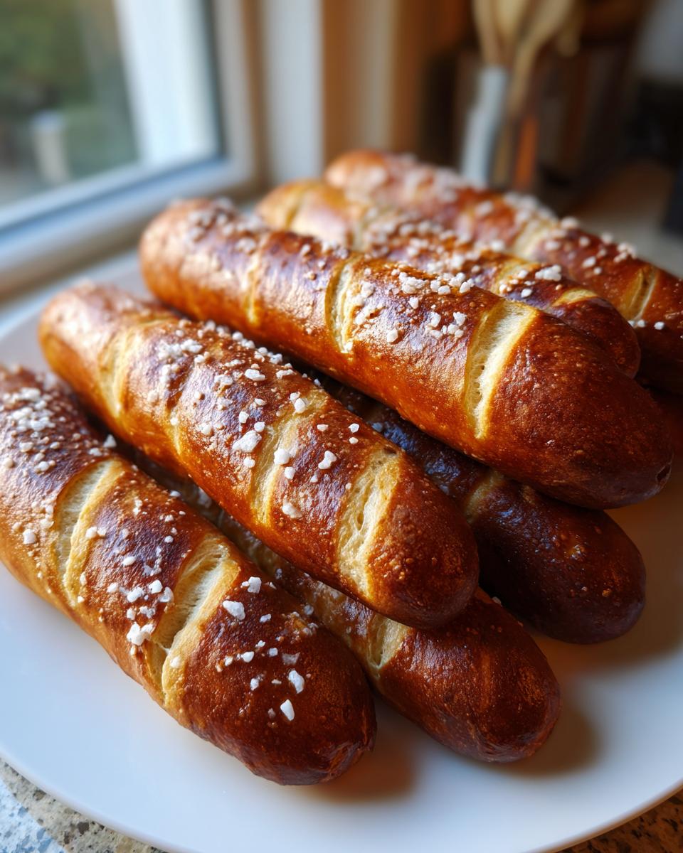 A stack of freshly baked pretzel dogs with a deep brown, glossy crust and coarse salt crystals, resting on a white plate.