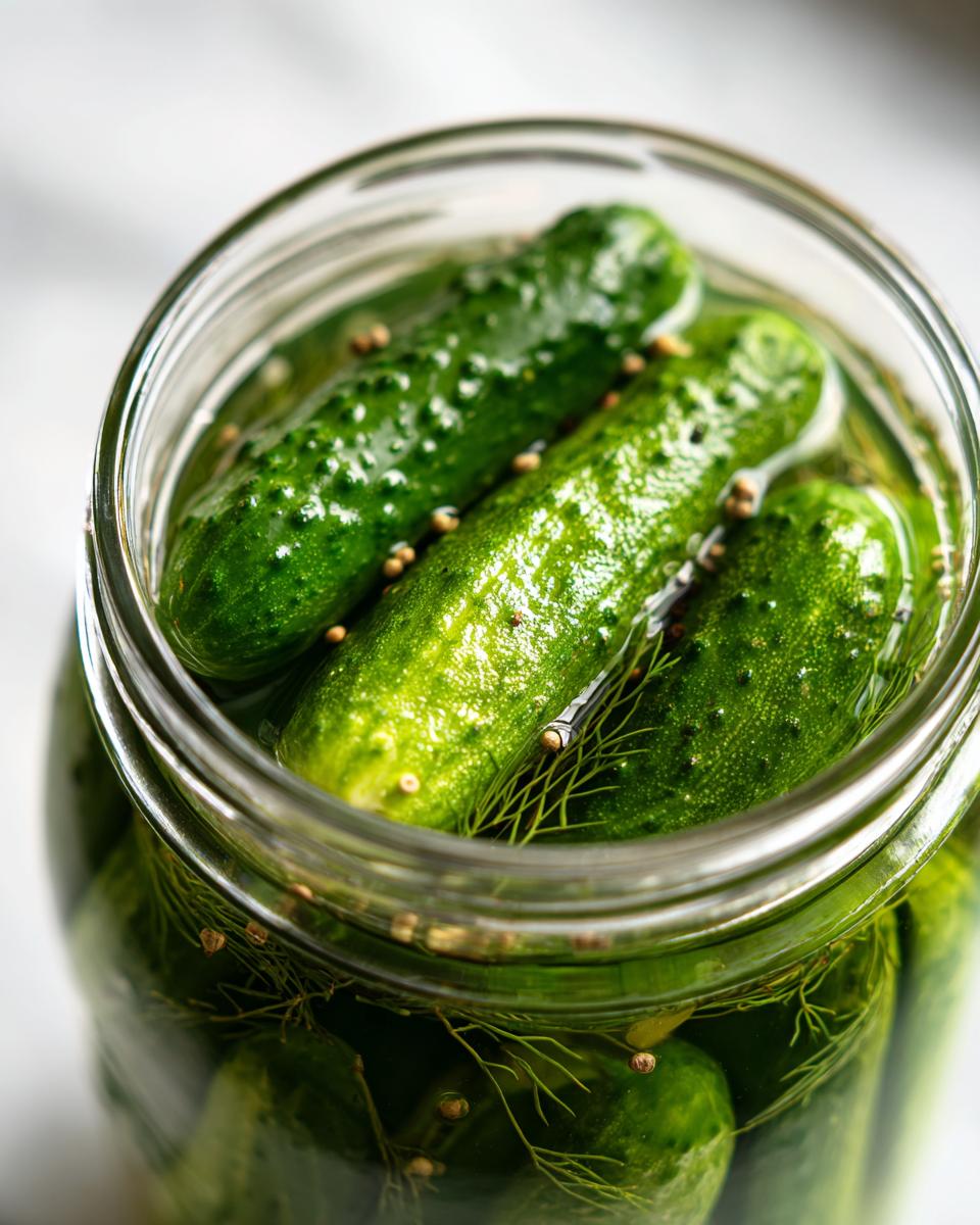 Close-up view of fresh refrigerator pickles packed tightly in a glass jar with dill and mustard seeds.