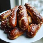 A close-up of several golden-brown pretzel dogs, sprinkled with coarse salt, piled high on a white plate.